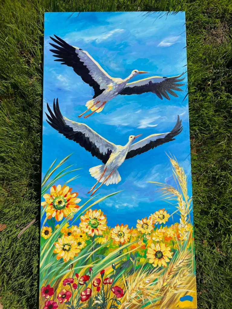 crane and flower art for Ukraine by Ira Cosmos